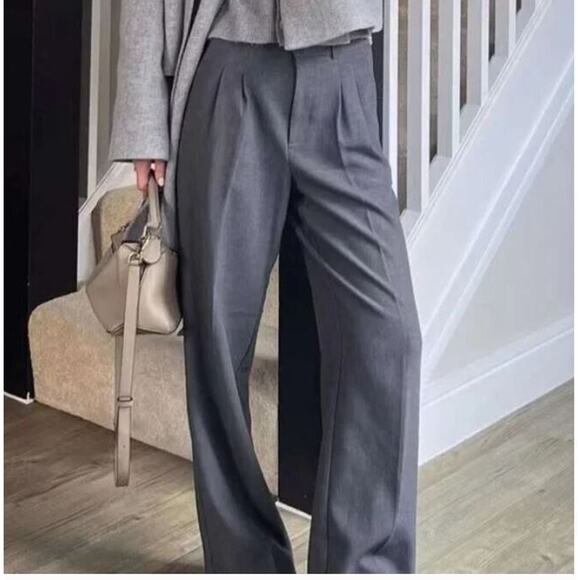 Reformation Sz 10 Mason Hi Rise Trousers Pleated Wide Leg Pants Charcoal Gray - Picture 2 of 11